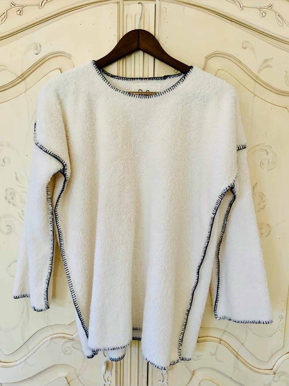 Johnny Was Cream Sherpa Sweater with Black Stitching
